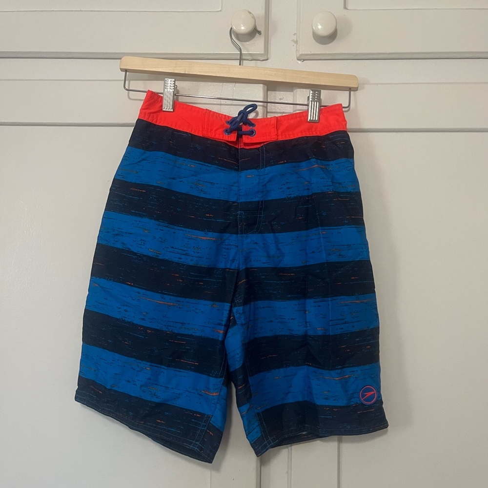 Speedo Boys Swim Trunks Size 14/16 L Blue Striped Orange Waist NWOT Mesh Lined